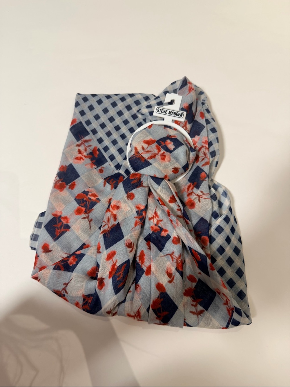 Steve Madden Blue Gingham Floral Scarf & Matching Hair Tie Set